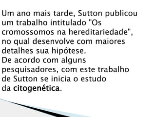 Um ano mais tarde, Sutton publicou
um trabalho intitulado "Os
cromossomos na hereditariedade",
no qual desenvolve com maiores
detalhes sua hipótese.
De acordo com alguns
pesquisadores, com este trabalho
de Sutton se inicia o estudo
da citogenética. 
 