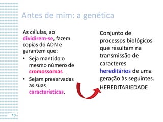 Antes de mim: a genética
As células, ao
dividirem-se, fazem
copias do ADN e
garantem que:
• Seja mantido o
mesmo número de
cromossomas
• Sejam preservadas
as suas
características.

18

Conjunto de
processos biológicos
que resultam na
transmissão de
caracteres
hereditários de uma
geração às seguintes.
HEREDITARIEDADE

 
