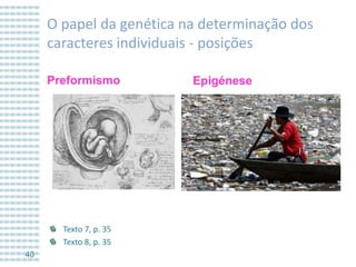 O papel da genética na determinação dos
caracteres individuais - posições
Preformismo

Epigénese
.

Texto 7, p. 35
Texto 8, p. 35
40

 