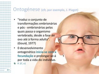 Ontogénese (cfr, por exemplo, J. Piaget)
• "traduz o conjunto de
transformações embrionárias
e pós - embrionárias pelas
quais passa o organismo
vertebrado, desde a fase do
ovo até à forma adulta".
(Gouid, 1977)
• 0 desenvolvimento
ontogenético inicia-se com a
fecundação e prolongar-se-á
por toda a vida do indivíduo.
P. 37, v1
51

 