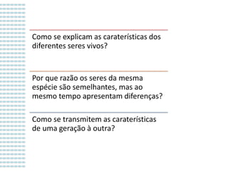 Como se explicam as caraterísticas dos
diferentes seres vivos?

Por que razão os seres da mesma
espécie são semelhantes, mas ao
mesmo tempo apresentam diferenças?
Como se transmitem as caraterísticas
de uma geração à outra?

 