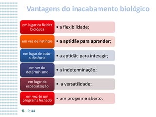 Vantagens do inacabamento biológico
em lugar da fixidez
biológica

• a flexibilidade;

em vez de instintos

• a aptidão para aprender;

em lugar de autosuficiência

• a aptidão para interagir;

em vez do
determinismo

• a indeterminação;

em lugar da
especialização

• a versatilidade;

em vez de um
programa fechado
P. 44

• um programa aberto;

 