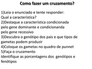 Como fazer um cruzamento?
1)Leia o enunciado e tente responder:
Qual a característica?
2)Destaque a característica condicionada
pelo gene dominante e condicionanda
pelo gene recessivo
3)Descubra o genótipo dos pais e que tipos de
gametas podem produzir
4)Coloque os gametas no quadro de punnet
5)Faça o cruzamento
Identifique as porcentagens dos genótipos e
fenótipos
 