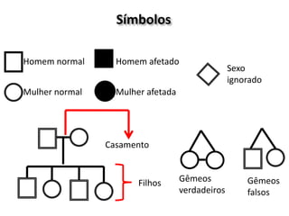 Símbolos
Homem normal
Mulher normal
Homem afetado
Mulher afetada
Sexo
ignorado
Casamento
Filhos Gêmeos
verdadeiros
Gêmeos
falsos
 