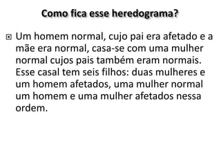 Como fica esse heredograma?
 Um homem normal, cujo pai era afetado e a
mãe era normal, casa-se com uma mulher
normal cujos pais também eram normais.
Esse casal tem seis filhos: duas mulheres e
um homem afetados, uma mulher normal
um homem e uma mulher afetados nessa
ordem.
 