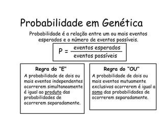 Probabilidade em Genética
Regra do “E”
A probabilidade de dois ou
mais eventos independentes
ocorrerem simultaneamente
é igual ao produto das
probabilidades de
ocorrerem separadamente.
Regra do “OU”
A probabilidade de dois ou
mais eventos mutuamente
exclusivos ocorrerem é igual a
soma das probabilidades de
ocorrerem separadamente.
Probabilidade é a relação entre um ou mais eventos
esperados e o número de eventos possíveis.
P =
eventos esperados
eventos possíveis
 