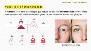 Genética e a hereditariedade
A Genética é a parte da Biologia que estuda as leis da hereditariedade: como certas
características são transmitidas pelos genes de pais para filhos através das gerações.
Genética: 1ª Lei de Mendel
Genética: 1ª Lei de Mendel
Exemplo: Cor dos olhos
Mãe
Pai
 