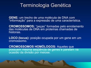 Terminologia GenéticaTerminologia Genética
GENE: um trecho de uma molécula de DNA com
“informação” para a expressão de uma característica.
CROMOSSOMOS: “peças” formadas pelo enrolamento
das moléculas de DNA em proteínas chamadas de
histonas.
LOCO (locus): posição ocupada por um gene em um
cromossomo.
CROMOSSOMOS HOMÓLOGOS: Aqueles que
possuem mesma seqüência de genes e pareiam na
ocasião da divisão por meiose.
 