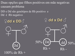 ♀ ♂ ♀ ♂
♀ ♂♀ ♂
DD e Dd são genótipos de Rh positivo e
Dd é Rh negativo
100% de Rh +
Rh +
Dd dd50% 50%
Rh -
Dd
Duas opções que filhos positivos em mãe negativas
causam problema
 