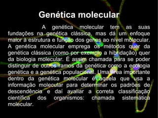 Genética   molecular A genética molecular tem as suas fundações na genética clássica, mas dá um enfoque maior à estrutura e função dos genes ao nível molecular. A genética molecular emprega os métodos quer da genética clássica (como por exemplo a hibridação) quer da biologia molecular. É assim chamada para se poder distinguir de outros ramos da genética como a ecologia genética e a genética populacional. Uma área importante dentro da genética molecular é aquela que usa a informação molecular para determinar os padrões de descendência e daí avaliar a correta classificação científica dos organismos: chamada sistemática molecular. 