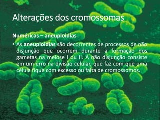 Alterações dos cromossomas
Numéricas – aneuploidias
• As aneuploidias são decorrentes de processos de não
disjunção que ocorrem durante a formação dos
gametas na meiose I ou II. A não disjunção consiste
em um erro na divisão celular, que faz com que uma
célula fique com excesso ou falta de cromossomos.
 