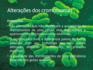Alterações dos cromossomas
Estruturais
• São alterações que não modificam a quantidade de
cromossomos de uma célula, mas determinam o
aparecimento de cromossomos anormais.
• O cromossomo com a deficiência pareia de forma
anômala com seu homólogo que não sofreu
alteração, afetando o andamento, do processo
meiótico.
• A gravidade das manifestações de uma deficiência
depende dos genes ausentes.
 