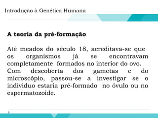 Introdução à Genética Humana
A teoria da pré-formação
Até meados do século 18, acreditava-se que
os organismos já se encontravam
completamente formados no interior do ovo.
Com descoberta dos gametas e do
microscópio, passou-se a investigar se o
individuo estaria pré-formado no óvulo ou no
espermatozoide.
 