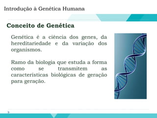 Introdução à Genética Humana
Conceito de Genética
Genética é a ciência dos genes, da
hereditariedade e da variação dos
organismos.
Ramo da biologia que estuda a forma
como se transmitem as
características biológicas de geração
para geração.
 