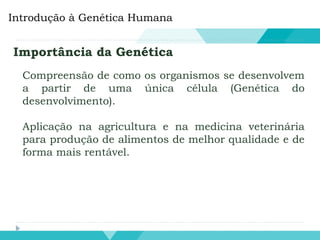 Introdução à Genética Humana
Importância da Genética
Compreensão de como os organismos se desenvolvem
a partir de uma única célula (Genética do
desenvolvimento).
Aplicação na agricultura e na medicina veterinária
para produção de alimentos de melhor qualidade e de
forma mais rentável.
 