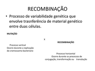 RECOMBINAÇÃO
• Processo de variabilidade genética que
  envolve trasnferência de material genético
  entre duas células.
MUTAÇÃO

                              X
                                         RECOMBINAÇÃO
  Processo vertical
Ocorre durante a replicação
do cromossomo bacteriano
                                         Processo horizontal
                                    Ocorre durante os processos de
                              conjugação, transformação ou transdução
 