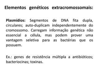 Elementos genéticos extracromossomais:

Plasmídios: Segmentos de DNA fita dupla,
circulares; auto-duplicam independentemente do
cromossomo. Carregam informação genética não
essencial a célula, mas podem prover uma
vantagem seletiva para as bactérias que os
possuem.

Ex.: genes de resistência múltipla a antibióticos;
bacteriocinas; toxinas.
 