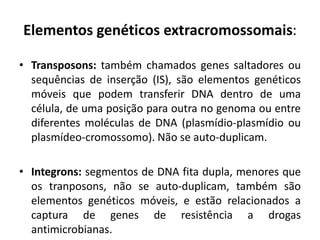 Elementos genéticos extracromossomais:

• Transposons: também chamados genes saltadores ou
  sequências de inserção (IS), são elementos genéticos
  móveis que podem transferir DNA dentro de uma
  célula, de uma posição para outra no genoma ou entre
  diferentes moléculas de DNA (plasmídio-plasmídio ou
  plasmídeo-cromossomo). Não se auto-duplicam.

• Integrons: segmentos de DNA fita dupla, menores que
  os tranposons, não se auto-duplicam, também são
  elementos genéticos móveis, e estão relacionados a
  captura de genes de resistência a drogas
  antimicrobianas.
 