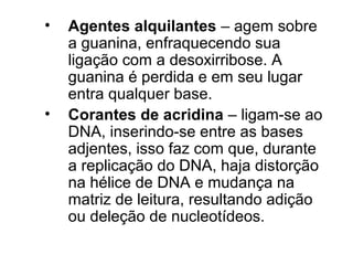 • Agentes alquilantes – agem sobre 
a guanina, enfraquecendo sua 
ligação com a desoxirribose. A 
guanina é perdida e em seu lugar 
entra qualquer base. 
• Corantes de acridina – ligam-se ao 
DNA, inserindo-se entre as bases 
adjentes, isso faz com que, durante 
a replicação do DNA, haja distorção 
na hélice de DNA e mudança na 
matriz de leitura, resultando adição 
ou deleção de nucleotídeos. 
 