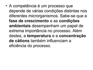• A competência é um processo que 
depende de várias condições distintas nos 
diferentes microrganismos. Sabe-se que a 
fase de crescimento e as condições 
ambientais desempenham um papel de 
extrema importância no processo. Além 
destes, a temperatura e a concentração 
de cátions também influenciam a 
eficiência do processo. 
 