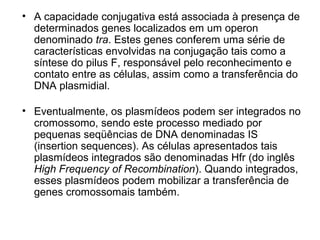 • A capacidade conjugativa está associada à presença de 
determinados genes localizados em um operon 
denominado tra. Estes genes conferem uma série de 
características envolvidas na conjugação tais como a 
síntese do pilus F, responsável pelo reconhecimento e 
contato entre as células, assim como a transferência do 
DNA plasmidial. 
• Eventualmente, os plasmídeos podem ser integrados no 
cromossomo, sendo este processo mediado por 
pequenas seqüências de DNA denominadas IS 
(insertion sequences). As células apresentados tais 
plasmídeos integrados são denominadas Hfr (do inglês 
High Frequency of Recombination). Quando integrados, 
esses plasmídeos podem mobilizar a transferência de 
genes cromossomais também. 
 