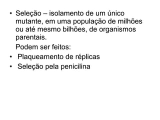 • Seleção – isolamento de um único 
mutante, em uma população de milhões 
ou até mesmo bilhões, de organismos 
parentais. 
Podem ser feitos: 
• Plaqueamento de réplicas 
• Seleção pela penicilina 
 