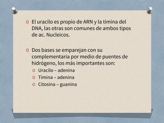 O El uracilo es propio de ARN y la timina del
DNA, las otras son comunes de ambos tipos
de ac. Nucleicos.
O Dos bases se emparejan con su
complementaria por medio de puentes de
hidrógeno, los más importantes son:
O Uracilo – adenina
O Timina – adenina
O Citosina – guanina
 