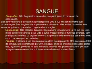 SANGUESANGUE
Plaquetas: São fragmentos de células que participam do processo de
coagulação.
Elas têm vida curta e circulam na proporção de  200 a 400 mil por milímetro cúbi-
co de sangue. Sua função mais importante é a obstrução  das lesões  ocorridas  nos
vasos sangüíneos, que dariam origem a hemorragias.  
Leucócitos: São glóbulos brancos. Seu número varia de 5 mil  a 10 mil  por  milí-
metro cúbico de sangue e sua vida é curta. Possui formas e funções diversas, sem-
pre ligadas à defesa do organismo contra a presença de elementos estranhos a ele,
como por exemplo, as bactérias.
Plasma: O plasma é um líquido amarelo claro que representa 55% do volume total
do sangue. Ele é constituído por 90% de água, onde se encontra dissolvidas proteí-
nas, açúcares, gorduras  e  sais  minerais. Através  do  plasma circulam, por todo
o organismo os elementos nutritivos necessários à vida das células.
 