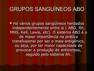 GRUPOS SANGUÍNEOS ABOGRUPOS SANGUÍNEOS ABO
 Há vários grupos sangüíneos herdadosHá vários grupos sangüíneos herdados
independentemente entre si ( ABO, Rh,independentemente entre si ( ABO, Rh,
MNS, Kell, Lewis, etc). O sistema ABO é oMNS, Kell, Lewis, etc). O sistema ABO é o
de maior importância na práticade maior importância na prática
transfusional por ser o mais antigênico,transfusional por ser o mais antigênico,
ou seja, por ter maior capacidade deou seja, por ter maior capacidade de
provocar a produção de anticorpos,provocar a produção de anticorpos,
seguido pelo sistema Rh.seguido pelo sistema Rh.
 