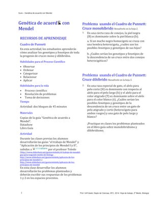 Guía – Genética de acuerdo con Mendel
Genética	de	 con	
Mendel	
RECURSOS	DE	APRENDIZAJE	
Cuadro	de	Punnett	
En	esta	actividad,	los	estudiantes	aprenderás	
cómo	analizar	los	genotipos	y	fenotipos	de	toda	
la	progenie	de	cruces	mono	y	dihíbridos.	
Habilidades	para	el	Proceso	Científico	
• Observar	
• Ordenar	
• Categorizar	
• Relacionar	
• Aplicar	
	
	
Problema	usando	el	cuadro	de	Punnett::	
Cruce	monohíbrido.	Resuélvelo	en	la	hoja	2.	
1. En	una	cierta	raza	de	conejos,	la	piel	negra	
(B)	es	dominante	sobre	la	piel	blanca	(b).	
a. Si	un	macho	negro	homocigoto	se	cruza	con	
una	hembra	heterocigota,	¿cuáles	son	los	
posibles	fenotipos	y	genotipos	de	sus	hijos?	
b. ¿Cuáles	serían	los	genotipos	y	fenotipos	de	
la	descendencia	de	un	cruce	entre	dos	conejos	
heterocigóticos?	
	
	
Problema	usando	el	Cuadro	de	Punnett:	
Cruce	dihíbrido.	Resuélvelo	en	la	hoja	3.	
Habilidades	para	la	vida	
• Proceso	científico	
• Resolución	de	problemas	
• Toma	de	decisiones	
Tiempo	
Actividad:	dos	bloques	de	45	minutos	
	
Materiales	
Copias	de	la	guía	“Genética	de	acuerdo	a	
Mendel”.	
Datashow	
Libro	Guía	
Actividad	
Durante	las	clases	previas	los	alumnos	
desarrollarán	las	guías	“el	trabajo	de	Mendel”	y	
“Aplicación	de	los	principios	de	Mendel	I	y	II”,	
subidas	a	 por	el	profesor	Toledo	
(http://www.slideshare.net/gustavotoledo/el---trabajo---de---mendel---	
gua---para---segundo---medio---de---biologa			,	
http://www.slideshare.net/gustavotoledo/aplicacin---de---los---	
principios---de---mendel1	y	
http://www.slideshare.net/gustavotoledo/aplicacin---de---los---	
principios---de---mendel	
En	esta	clase,	los	estudiantes	desarrollarán	dos	
problemas	planteados	y	deberán	escribir	sus	
respuestas	de	los	problemas	1	y	2	en	los	espacios	
provistos.	
2. En	una	raza	especial	de	gato,	el	alelo	para	
pelo	corto	(H)	es	dominante	con	respecto	al	
alelo	para	el	pelo	largo	(h)	y	el	alelo	para	el	
color	atigrado	(T)	es	dominante	sobre	el	alelo	
para	el	color	blanco	(t).	¿Cuáles	serían	los	
posibles	fenotipos	y	genotipos	de	la	
descendencia	de	un	cruce	entre	un	gato	de	
pelo	atigrado	y	corto	(heterocigoto	para	
ambos	rasgos)	y	una	gata	de	pelo	largo	y	
blanco?	
	
¡Practique	en	clases	los	problemas	planteados	
en	el	libro	guía	sobre	monohibridismo	y	
dihibridismo!	
	
	
	
1	 Prof. GAToledo, Depto. de Ciencias, SFC, 2014. Hoja de trabajo, 2º Medio,Biología
 