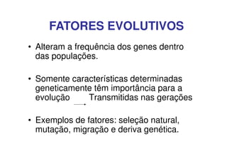 FATORES EVOLUTIVOS
• Alteram a frequência dos genes dentro
  das populações.

• Somente características determinadas
  geneticamente têm importância para a
  evolução    Transmitidas nas gerações

• Exemplos de fatores: seleção natural,
  mutação, migração e deriva genética.
 