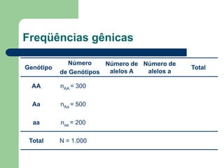 Freqüências gênicas
Genótipo
Número
de Genótipos
Número de
alelos A
Número de
alelos a
Total
AA nAA = 300
Aa nAa = 500
aa naa = 200
Total N = 1.000
 