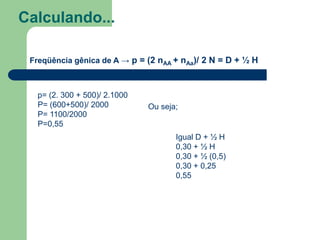 Calculando...
Freqüência gênica de A → p = (2 nAA + nAa)/ 2 N = D + ½ H
p= (2. 300 + 500)/ 2.1000
P= (600+500)/ 2000
P= 1100/2000
P=0,55
Ou seja;
Igual D + ½ H
0,30 + ½ H
0,30 + ½ (0,5)
0,30 + 0,25
0,55
 