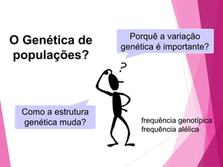 Porquê a variação 
genética é importante? 
O Genética de 
populações? 
Como a estrutura 
genética muda? 
frequência genotípica 
frequência alélica 
 