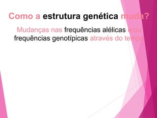 Como a estrutura genética muda? 
Mudanças nas frequências alélicas e/ou 
frequências genotípicas através do tempo 
 