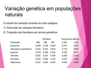 Variação genética em populações 
naturais 
O estudo da variação consiste em dois estágios: 
1) Descrição da variação fenotípica 
2) Tradução dos fenótipos em termos genéticos 
Genótipo frequências alélicas 
População MM MN NN p (M) q (N) 
Esquimós 0,835 0,156 0,009 0,913 0,087 
Aborígines australianos 0,024 0,304 0,672 0,176 0,824 
Egípcios 0,278 0,489 0,233 0,523 0,477 
Alemães 0,297 0,507 0,196 0,550 0,450 
Chineses 0,332 0,486 0,182 0,575 0,425 
Nigerianos 0,301 0,495 0,204 0,548 0,452 
 