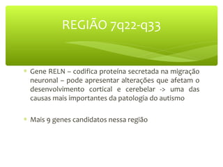 REGIÃO 7q22-q33
∗ Gene RELN – codifica proteína secretada na migração
neuronal – pode apresentar alterações que afetam o
desenvolvimento cortical e cerebelar -> uma das
causas mais importantes da patologia do autismo
∗ Mais 9 genes candidatos nessa região
 
