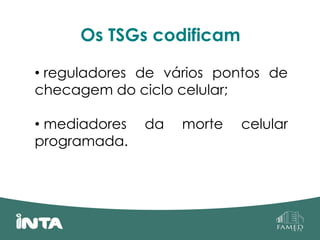Os TSGs codificam
• reguladores de vários pontos de
checagem do ciclo celular;
• mediadores da morte celular
programada.
 