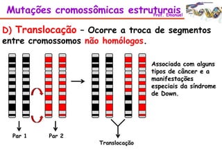 D) Translocação – Ocorre a troca de segmentos
entre cromossomos não homólogos.
Par 1 Par 2
Translocação
Associada com alguns
tipos de câncer e a
manifestações
especiais da síndrome
de Down.
Mutações cromossômicas estruturaisProf. Emanuel
 