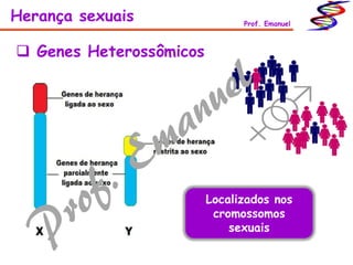 Herança sexuais Prof. Emanuel
 Genes Heterossômicos
Localizados nos
cromossomos
sexuais
 