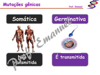 Somática Germinativa
Não é
transmitida
É transmitida
Mutações gênicas Prof. Emanuel
 