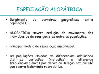 ESPECIAÇÃO ALOPÁTRICA
• Surgimento de barreiras geográficas entre
populações.
• ALOPATRIA: severa redução do movimento dos
indivíduos ou de seus gametas entre as populações.
• Principal modelo de especiação em animais.
• As populações isoladas se diferenciam adquirindo
distintas variações (mutações) e alterando
frequências alélicas por deriva ou seleção natural até
que ocorra isolamento reprodutivo.
 