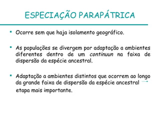 ESPECIAÇÃO PARAPÁTRICA
 Ocorre sem que haja isolamento geográfico.
 As populações se divergem por adaptação a ambientes
diferentes dentro de um continuun na faixa de
dispersão da espécie ancestral.
 Adaptação a ambientes distintos que ocorrem ao longo
da grande faixa de dispersão da espécie ancestral
etapa mais importante.
 