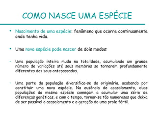 COMO NASCE UMA ESPÉCIE
 Nascimento de uma espécie: fenômeno que ocorre continuamente
  onde tenha vida.

 Uma nova espécie pode nascer de dois modos:

•   Uma população inteira muda na totalidade, acumulando um grande
    número de variações até seus membros se tornarem profundamente
    diferentes dos seus antepassados.


•   Uma parte da população diversifica-se da originária, acabando por
    constituir uma nova espécie. Na ausência de acasalamento, duas
    populações da mesma espécie começam a acumular uma série de
    diferenças genéticas, e com o tempo, tornar-se tão numerosas que deixa
    de ser possível o acasalamento e a geração de uma prole fértil.
 