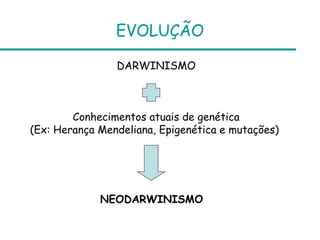 EVOLUÇÃO

                DARWINISMO



        Conhecimentos atuais de genética
(Ex: Herança Mendeliana, Epigenética e mutações)




             NEODARWINISMO
 