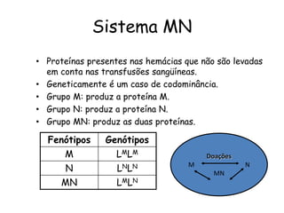 Sistema MN
• Proteínas presentes nas hemácias que não são levadas
em conta nas transfusões sangüíneas.
• Geneticamente é um caso de codominância.
• Grupo M: produz a proteína M.
• Grupo N: produz a proteína N.
• Grupo MN: produz as duas proteínas.
Fenótipos Genótipos
M LMLM
N LNLN
MN LMLN
Doações
M N
MN
 