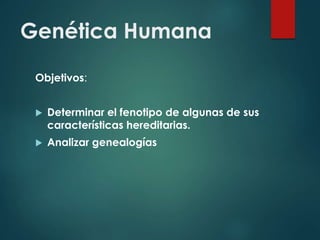 Genética Humana
Objetivos:
 Determinar el fenotipo de algunas de sus
características hereditarias.
 Analizar genealogías
 