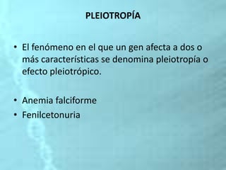 • El fenómeno en el que un gen afecta a dos o
más características se denomina pleiotropía o
efecto pleiotrópico.
• Anemia falciforme
• Fenilcetonuria
PLEIOTROPÍA
 