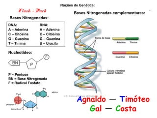 Flash - Back
Noções de Genética:
Bases Nitrogenadas:
DNA: RNA:
A – Adenina A – Adenina
C – Citosina C – Citosina
G – Guanina G – Guanina
T – Timina U – Uracila
P = Pentose
BN = Base Nitrogenada
F = Radical Fosfato
Nucleotídeo:
Bases Nitrogenadas complementares:
Agnaldo — Timóteo
Gal — Costa
 