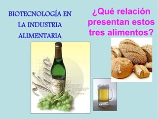 ¿Qué relación
presentan estos
tres alimentos?
BIOTECNOLOG A ENÍ
LA INDUSTRIA
ALIMENTARIA
 